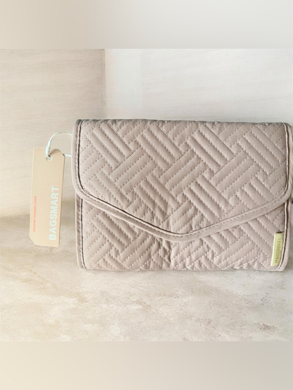 Quilted Cosmetic Pouch in Light Taupe